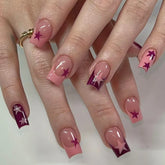 24Pcs Nude Color Press on Nails Red Five-pointed Star Designs Short Square Fake Nails Patches Y2K Girls Simple Charms Manicure